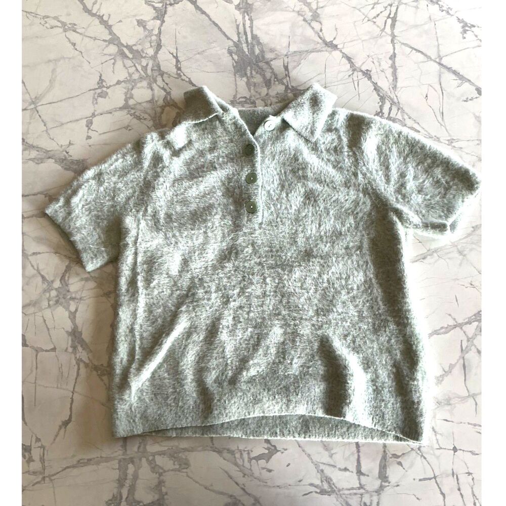 Fuzzy Knit Polo Top Size S minty Collared Short Sleeve Soft Sweater Tee